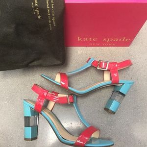 Red, Light Teal Blue and Lucite High Heels